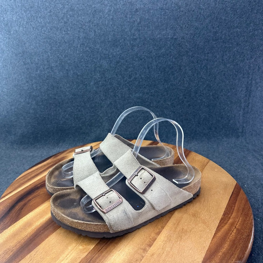 Birkenstock Arizona Suede Sandals Taupe Women Size 8 Two Strap Cork Slide - Picture 6 of 14
